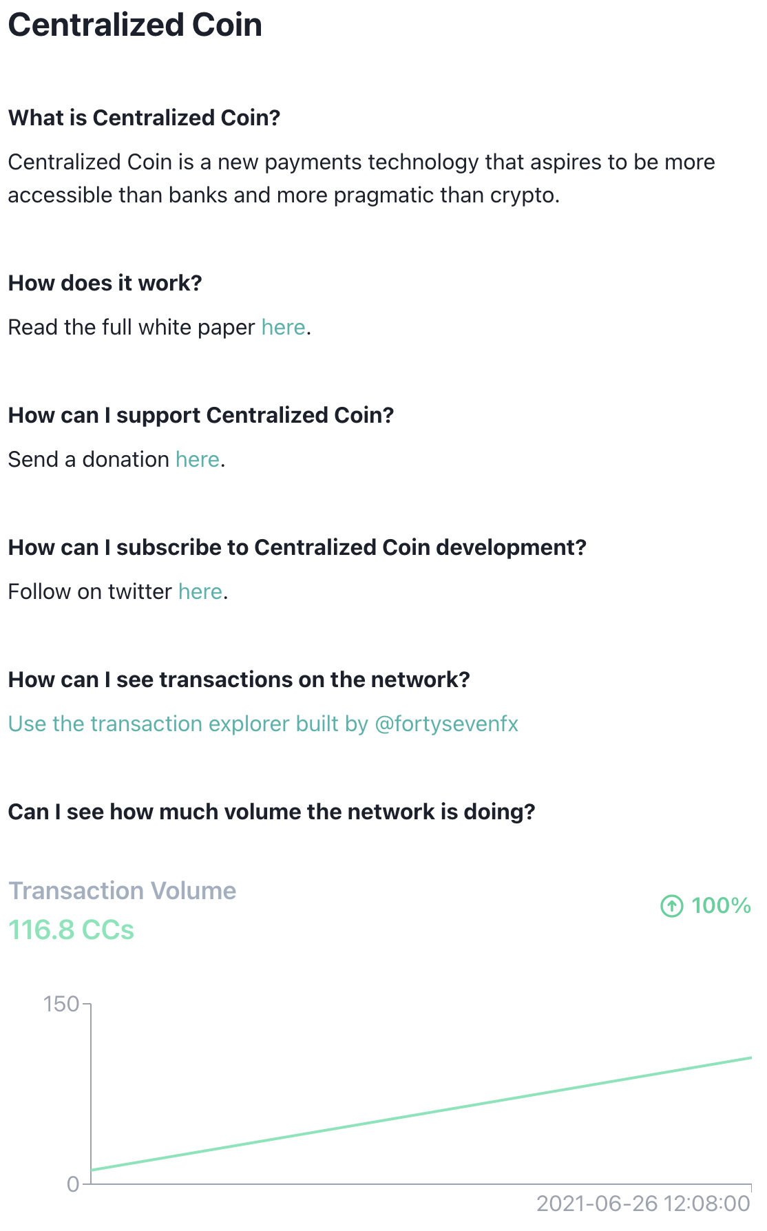 The live transaction volume graph embedded on the public Centralized Coin page